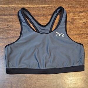 TYR Racerback Swimsuit Top Bra Gray Black with Logo Stretchy Spande Size XL